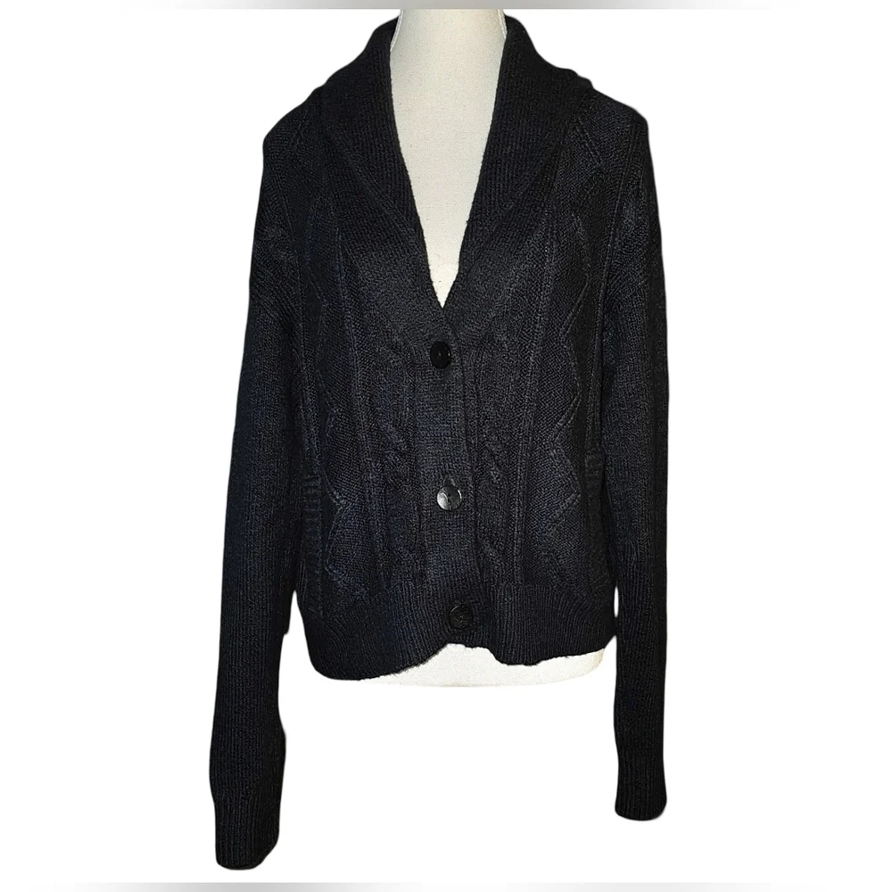 Pilcro Anthropologie Womens Black Shawl Cable-knit Button Cardigan Size Small - Picture 2 of 16